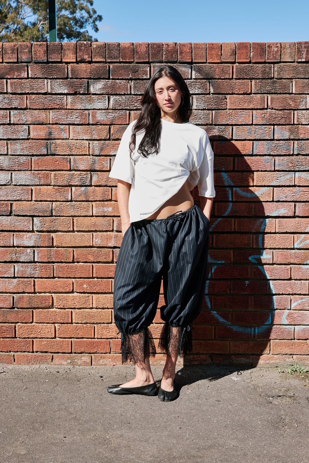 PINSTRIPE LACE NAVY TROUSERS