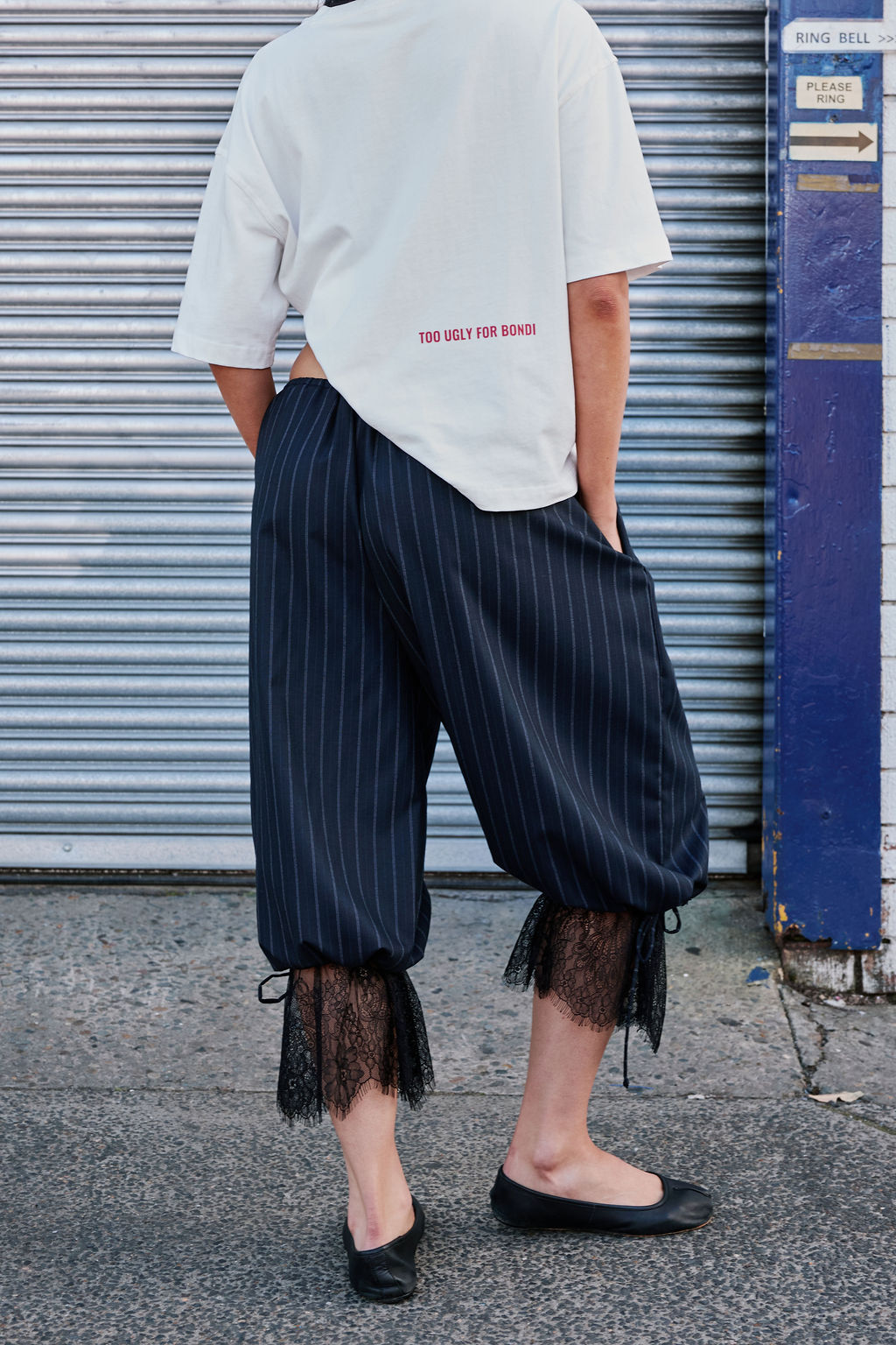 PINSTRIPE LACE NAVY TROUSERS