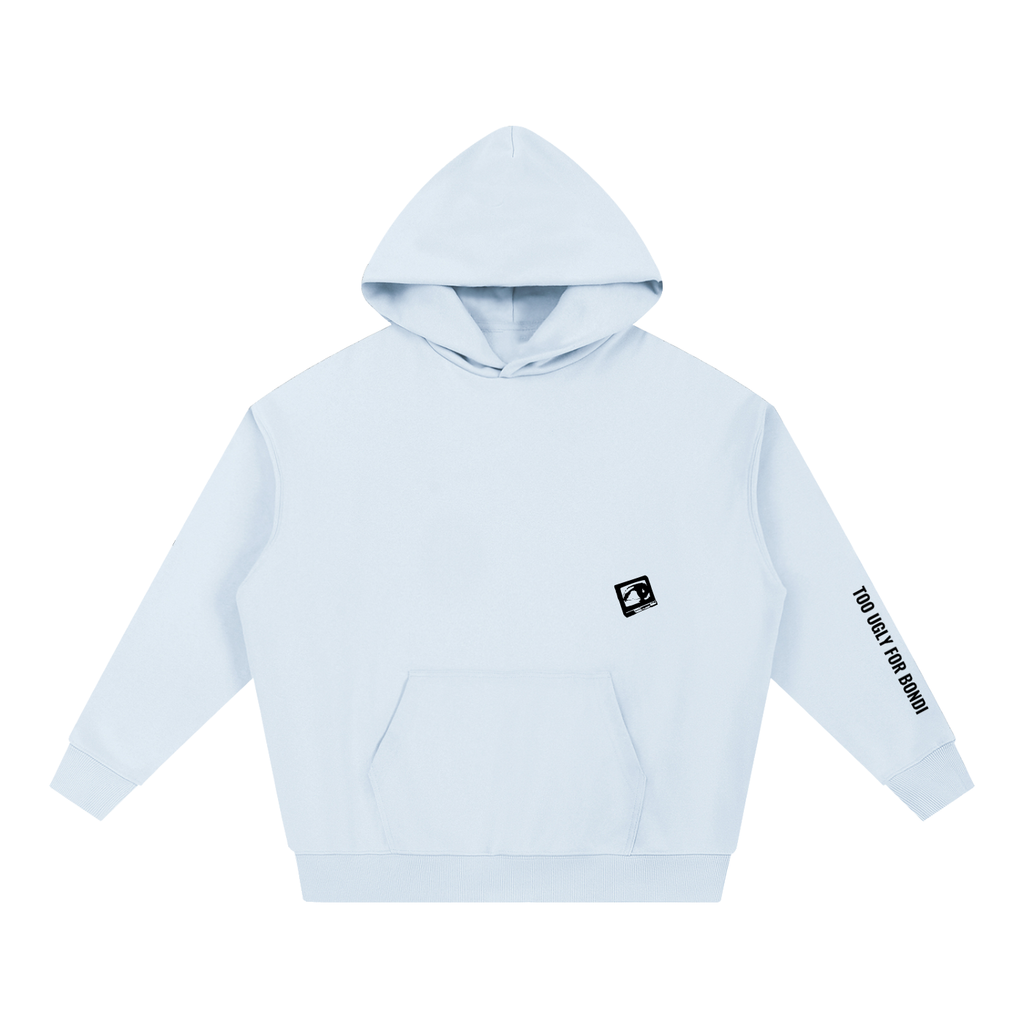 Blue hoodie, front view